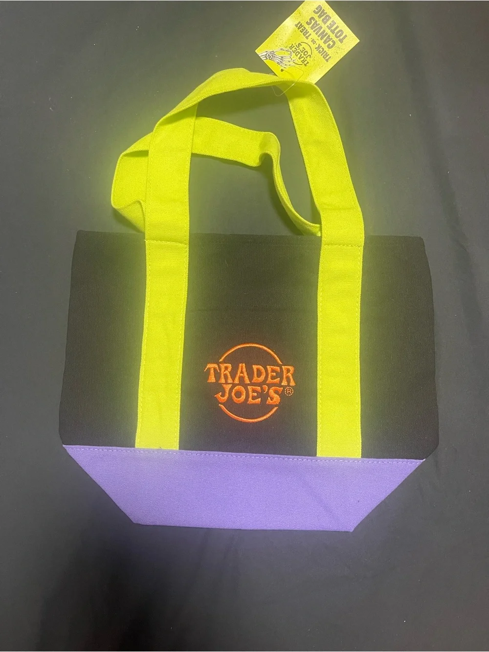 Trader Joe's Black Tote with Purple Base and Neon Yellow Handles